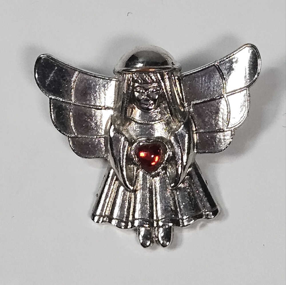 Silver Angel Brooch Pin with Red stone